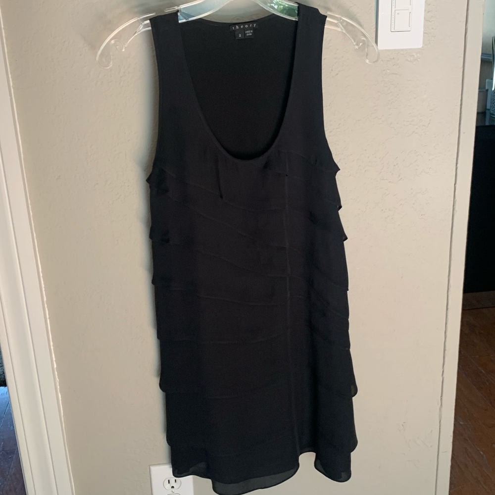 Theory Black Silk Scoop Neck Ruffle Front dress, 2